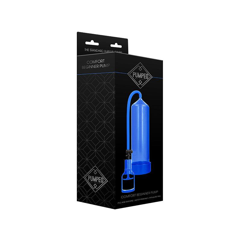 Pumped Comfort Beginner Penis Pump in blue with ergonomic trigger grip and silicone sleeve for enhanced comfort and suction.