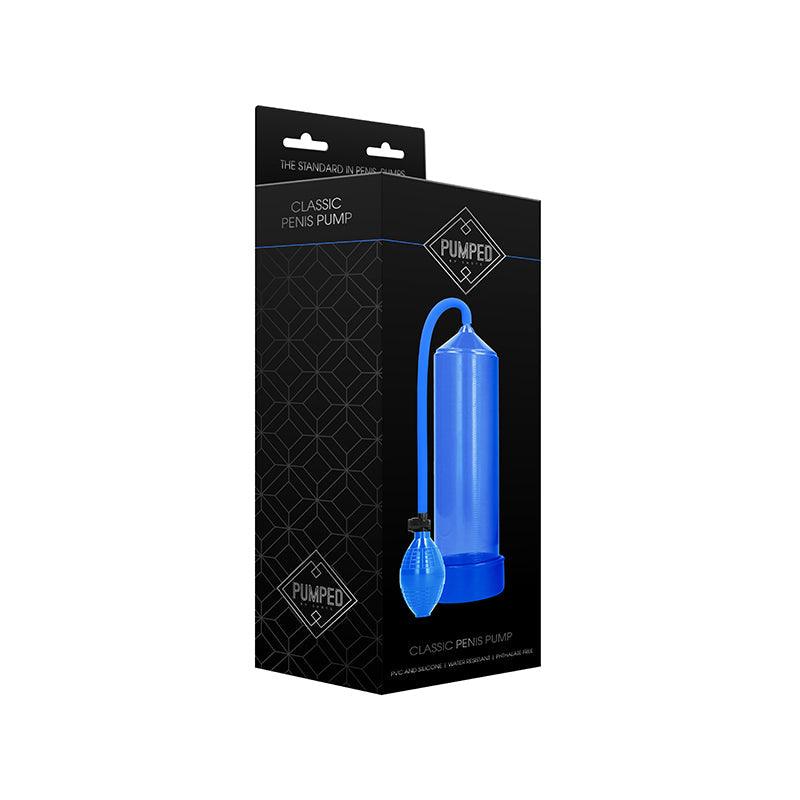 Blue Pumped Classic Penis Pump with 9-inch cylinder and squeeze ball pump in black packaging