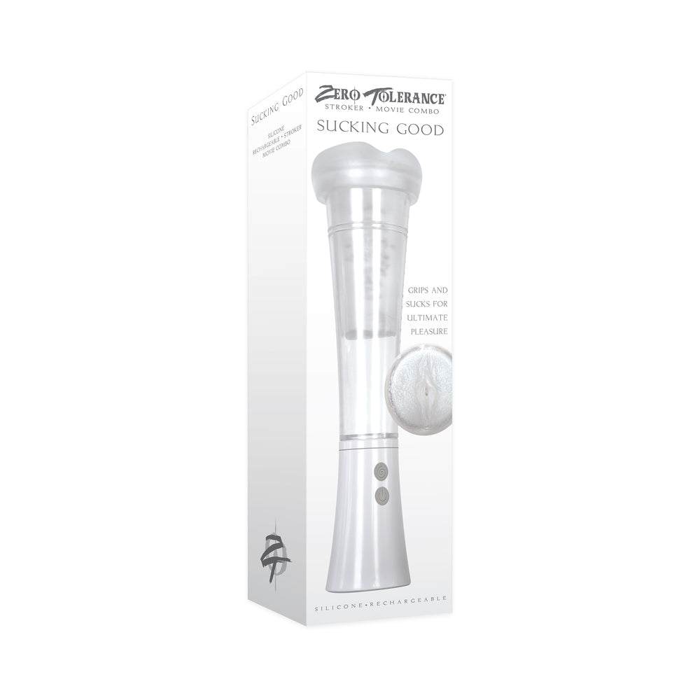Zero Tolerance Sucking Good rechargeable vibrating vacuum pump stroker in clear and white with silicone sleeve and multiple suction and vibration settings.