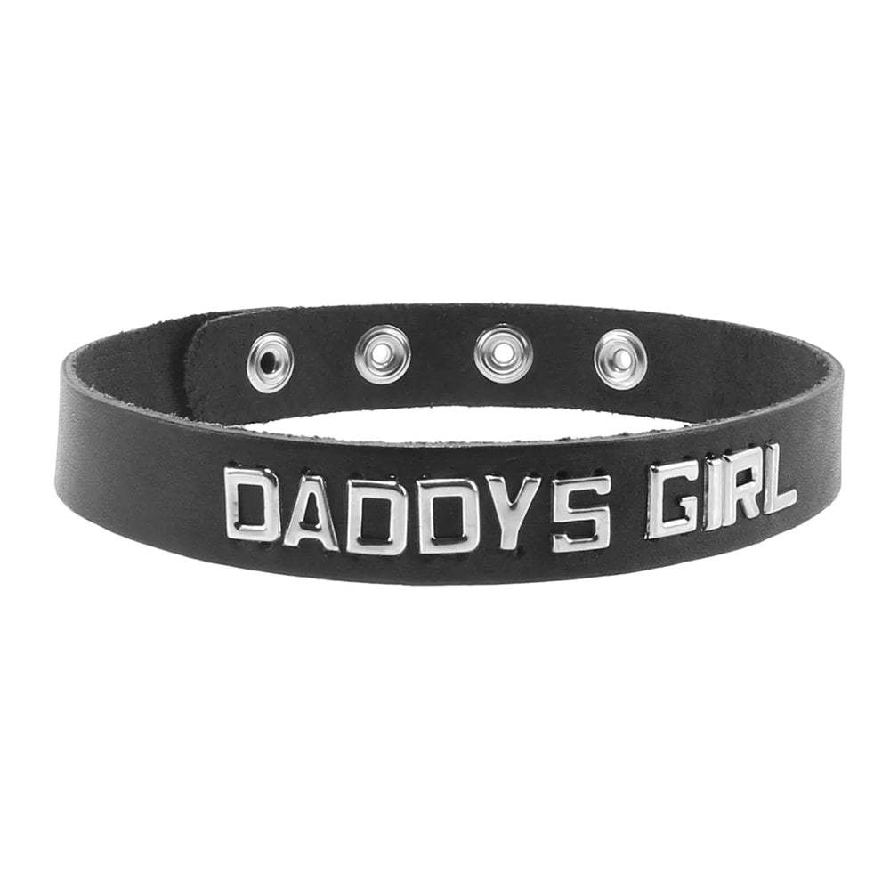 Black leather band collar with silver "Daddy's Girl" letters and adjustable snaps, Spartacus Daddy's Girl accessory.