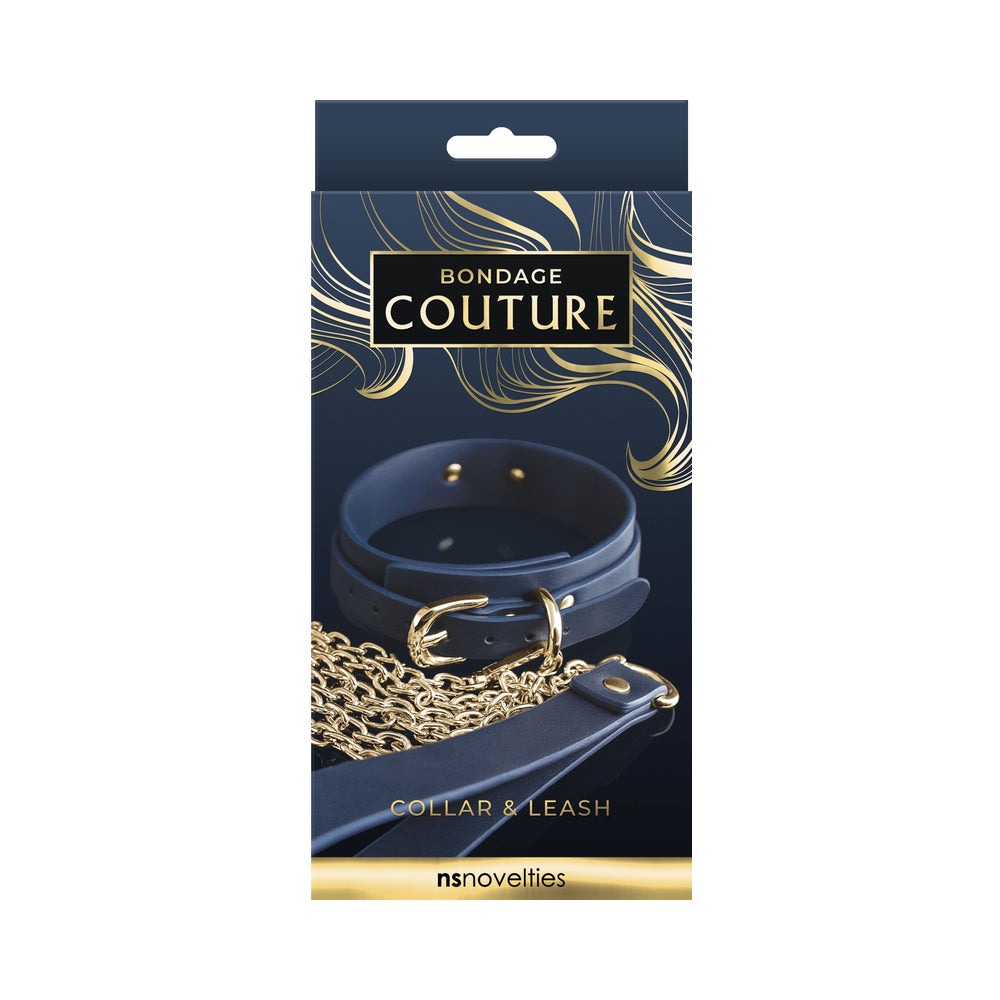 Bondage Couture Collar & Leash in blue with nickel-free hardware and stylish gold chain by NS Novelties.