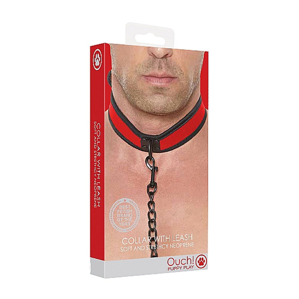 Ouch! Puppy Play Neoprene Collar With Leash Red/Black by Bondage & Fetish Toys