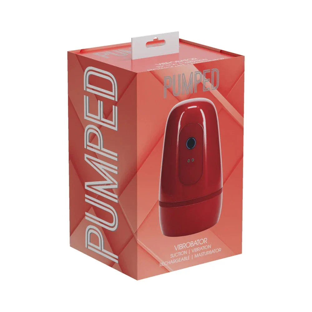 Red PUMPED Vibrobator Masturbator with suction and vibration features in sleek packaging