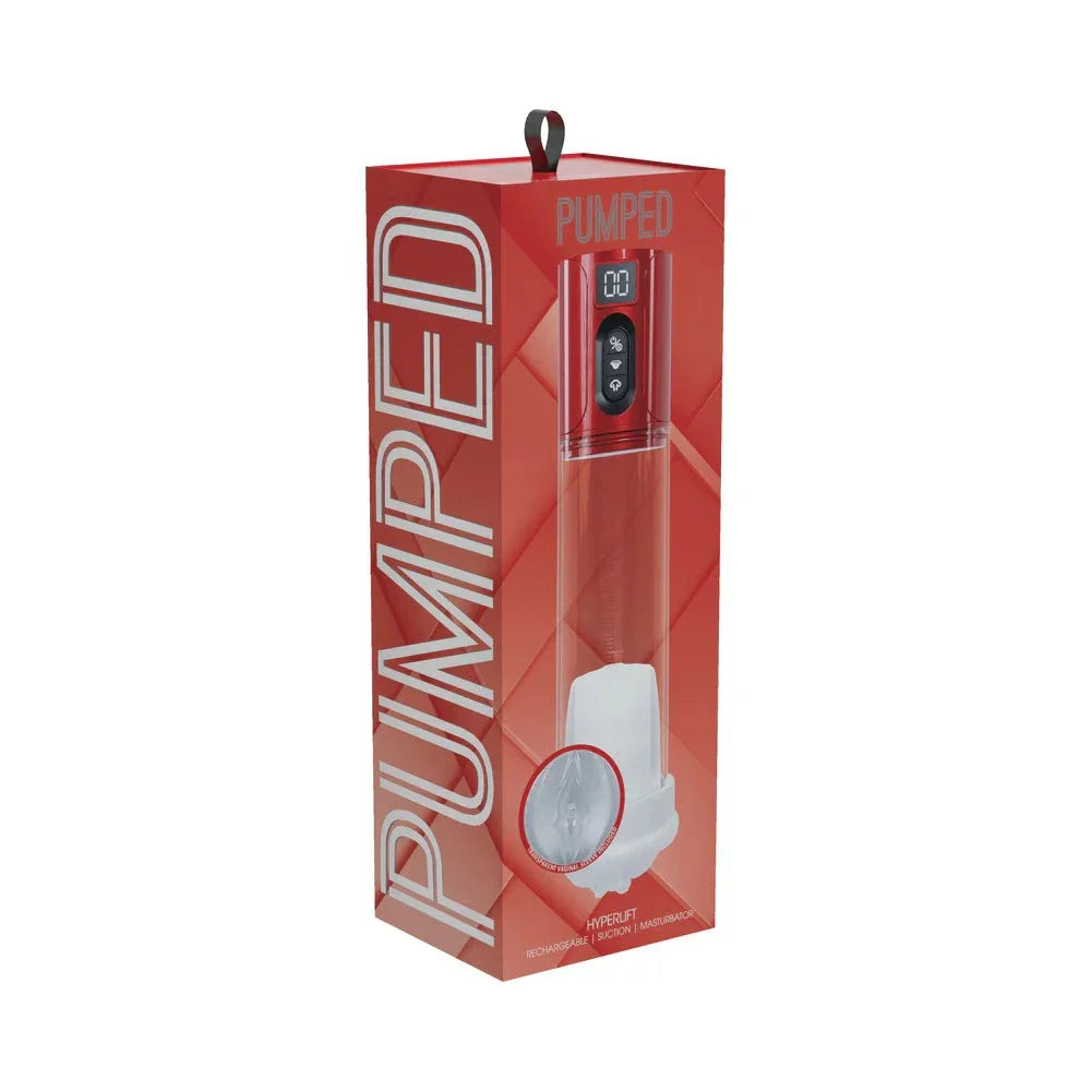 PUMPED HyperLift Masturbator suction device in metallic red with multi-speed modes and rechargeable battery in retail packaging