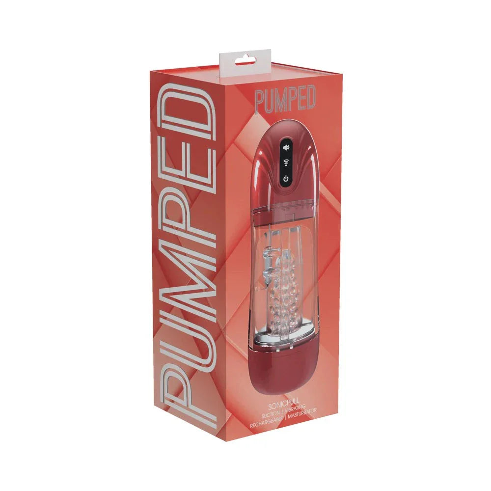 PUMPED SonicPull Masturbator in metallic red with suction, vibration, and multimedia features in retail packaging
