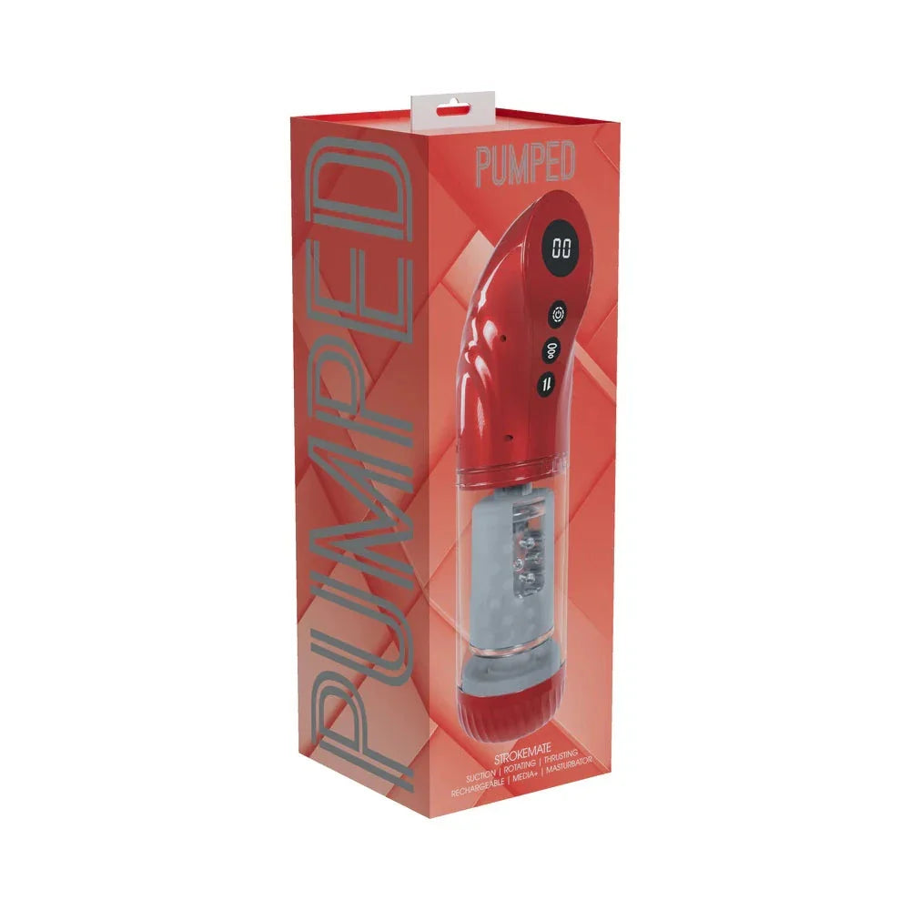 PUMPED StrokeMate Masturbator Metallic Red with vacuum and rotation features in sleek design