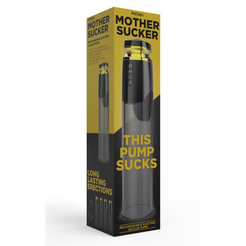 Mother Sucker Penis Pump in yellow and black packaging with text highlighting long-lasting erections and rechargeable electric vacuum pump features