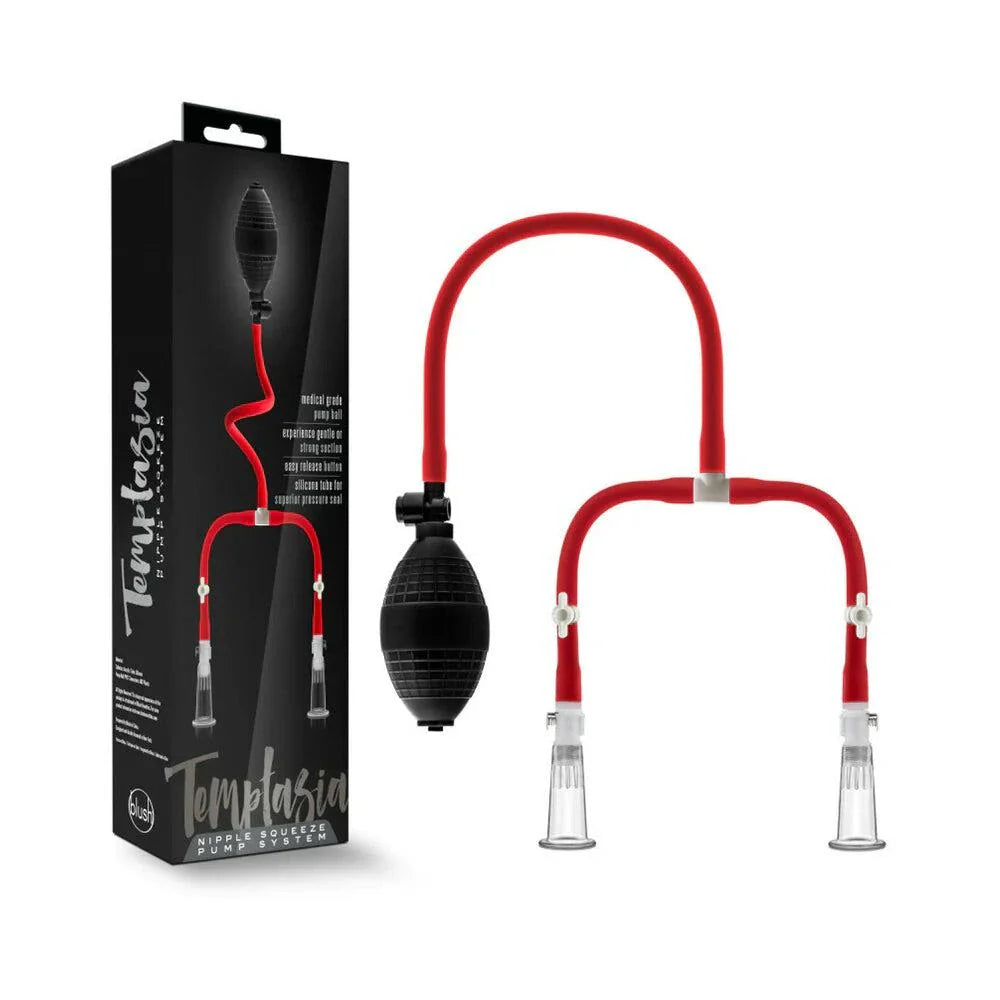 Temptasia Nipple Squeeze Pump System with black squeeze bulb, red silicone tubing, and clear acrylic cylinders for nipple stimulation and enhancement
