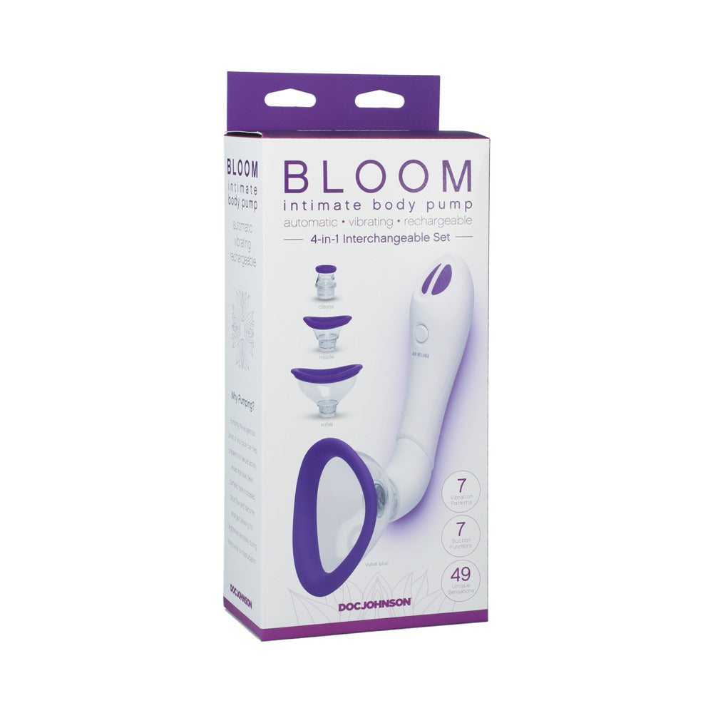Bloom intimate body pump with automatic suction, vibrating function, rechargeable battery, and 4-in-1 interchangeable attachments in white and purple packaging
