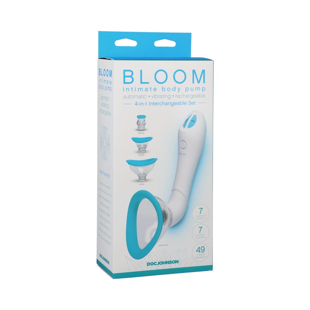 Bloom Intimate Body Pump automatic vibrating rechargeable in blue and white with 4-in-1 interchangeable attachments packaging