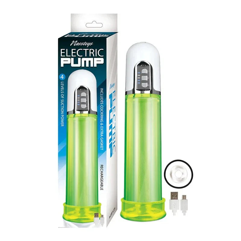 Rechargeable green electric pump with digital control, C ring, extra gasket, and USB charger.
