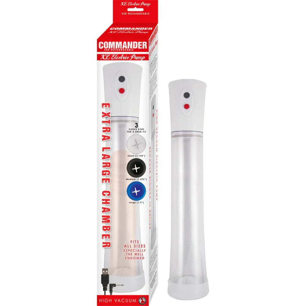 Commander Extra Large Electric Pump in white with three sleeve sizes and high-vacuum power
