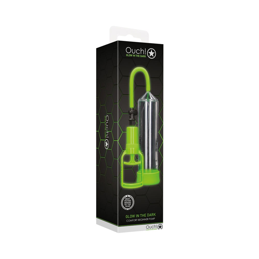 Glow in the dark comfort beginner penis pump in neon green with ergonomic design and trigger grip for easy use