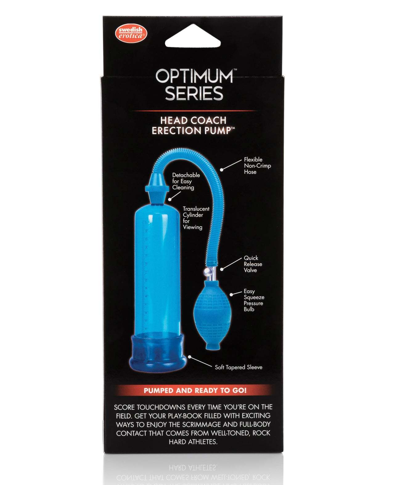 Head Coach Penis Pump with flexible non-crimp hose, translucent cylinder, and soft tapered sleeve for enhanced comfort and performance.