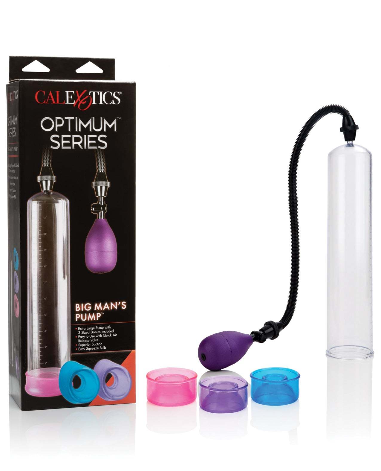 Big Mans Pump with clear cylinder, purple bulb, and three interchangeable sleeves in pink, purple, and blue colors.