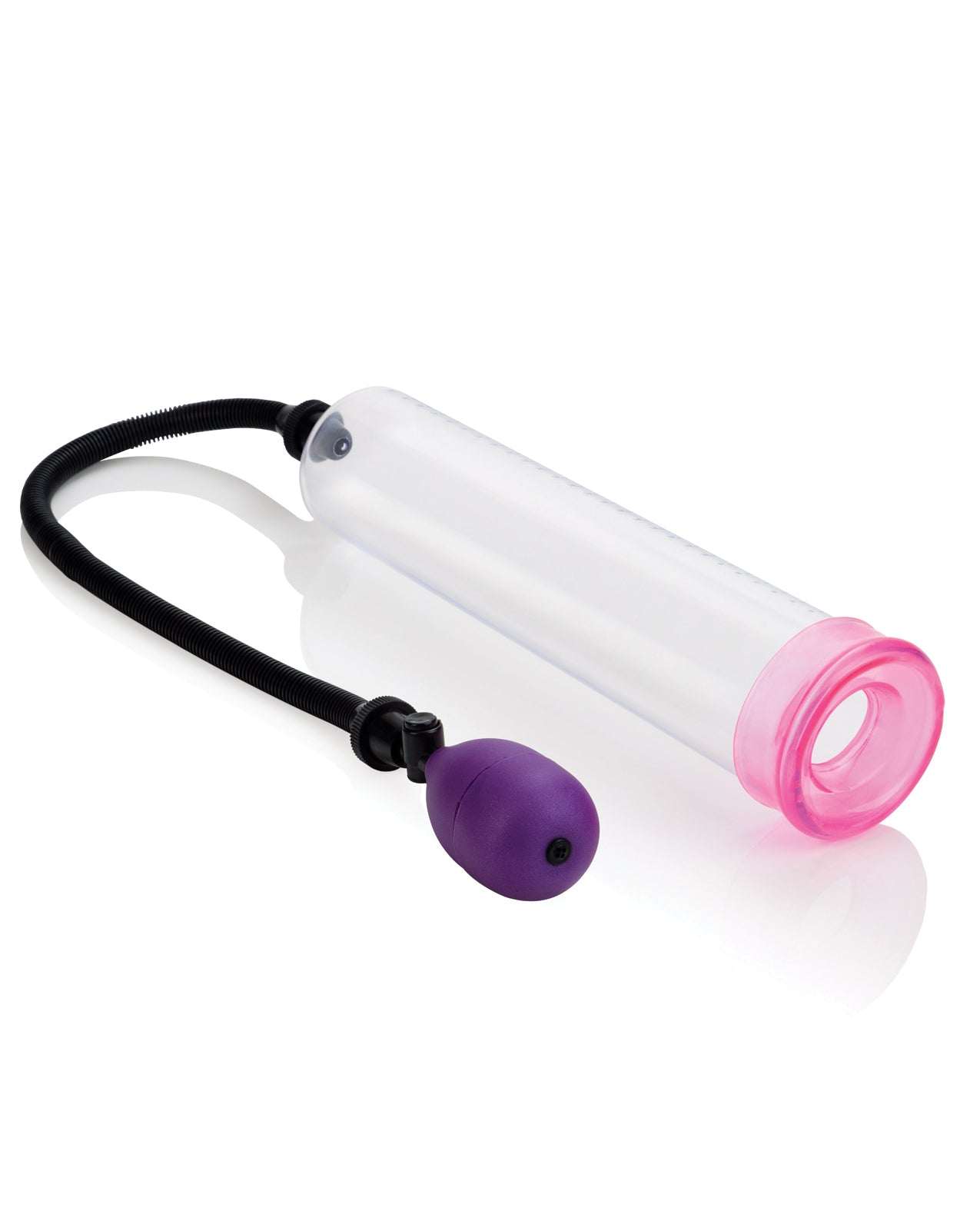 Big Mans Pump 12 Inches with clear cylinder and pink seal, featuring a purple squeeze bulb and black hose for adjustable vacuum pressure.