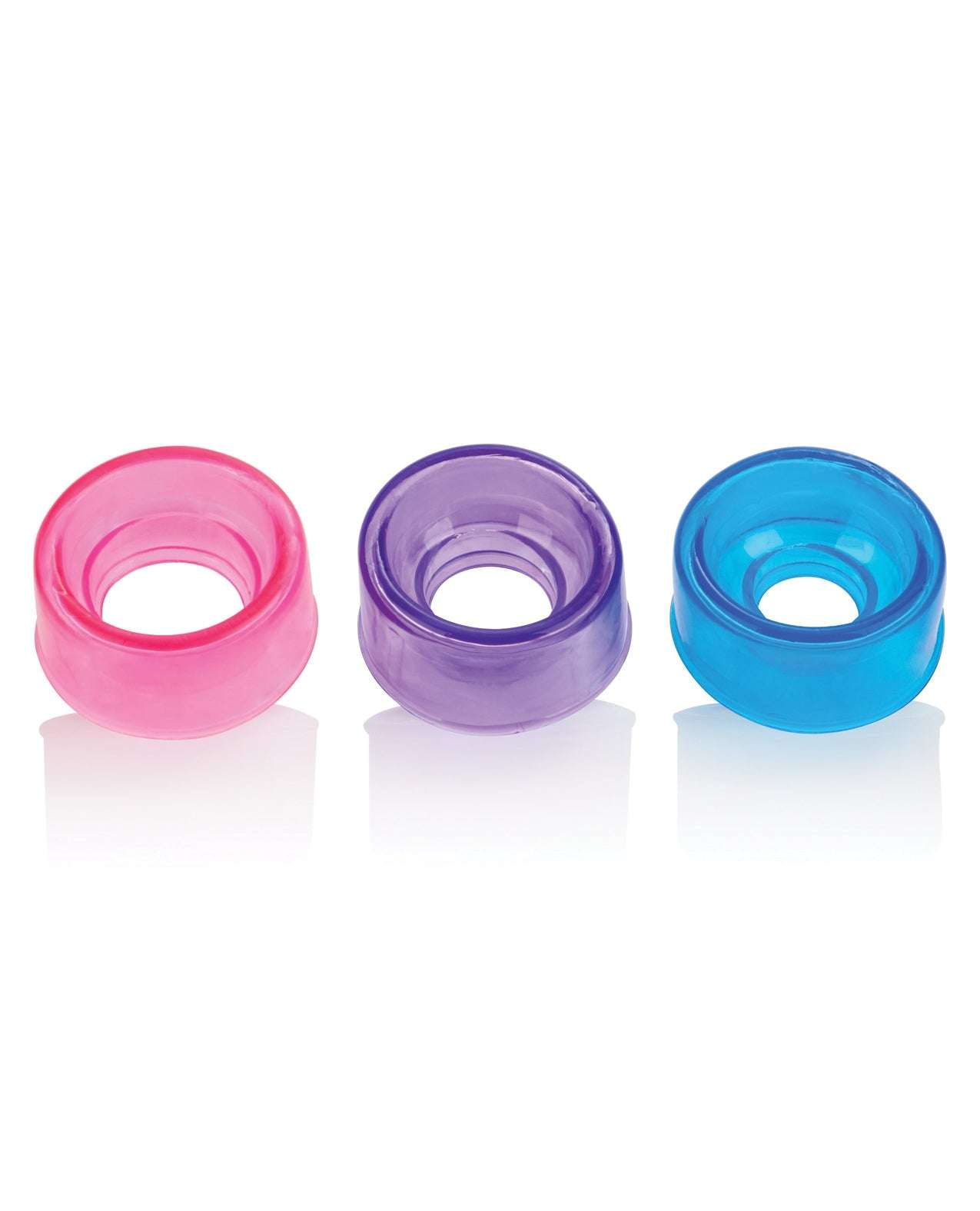 Three interchangeable sleeves for Big Mans Pump in pink, purple, and blue colors on a white background