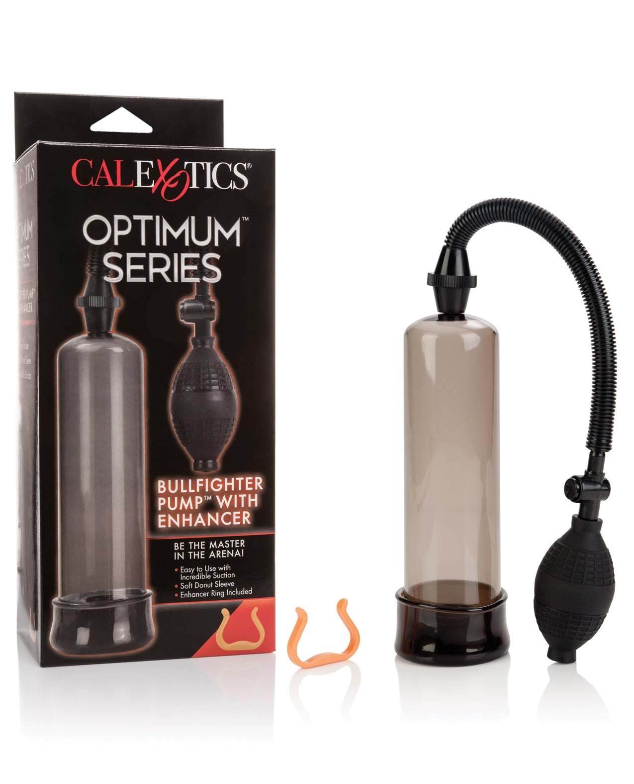 Bullfighter Pump by CalExotics with clear cylinder, non-crimping hose, standard bulb, quick release valve, and removable jelly sleeve enhancer.