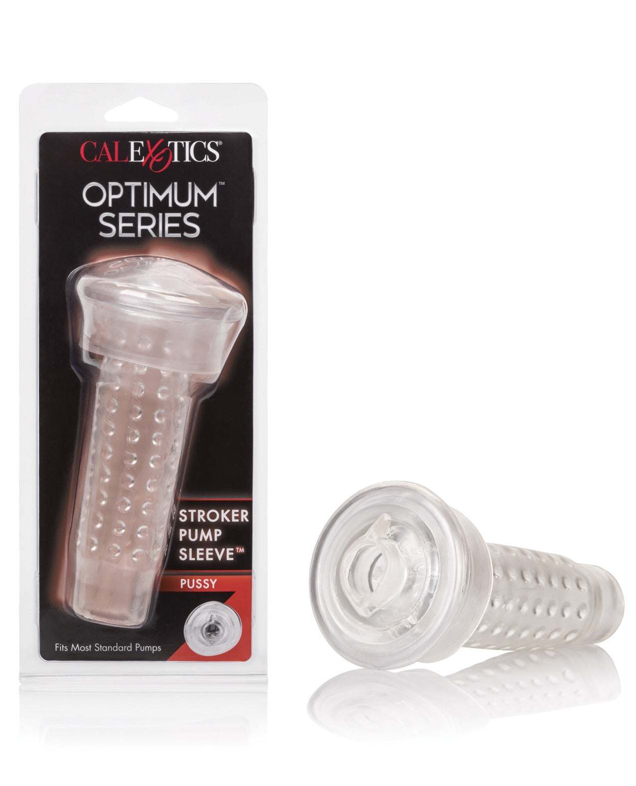 Optimum Series Stroker Pump Sleeve Pussy clear textured sleeve with mouth-shaped opening for solo pleasure.