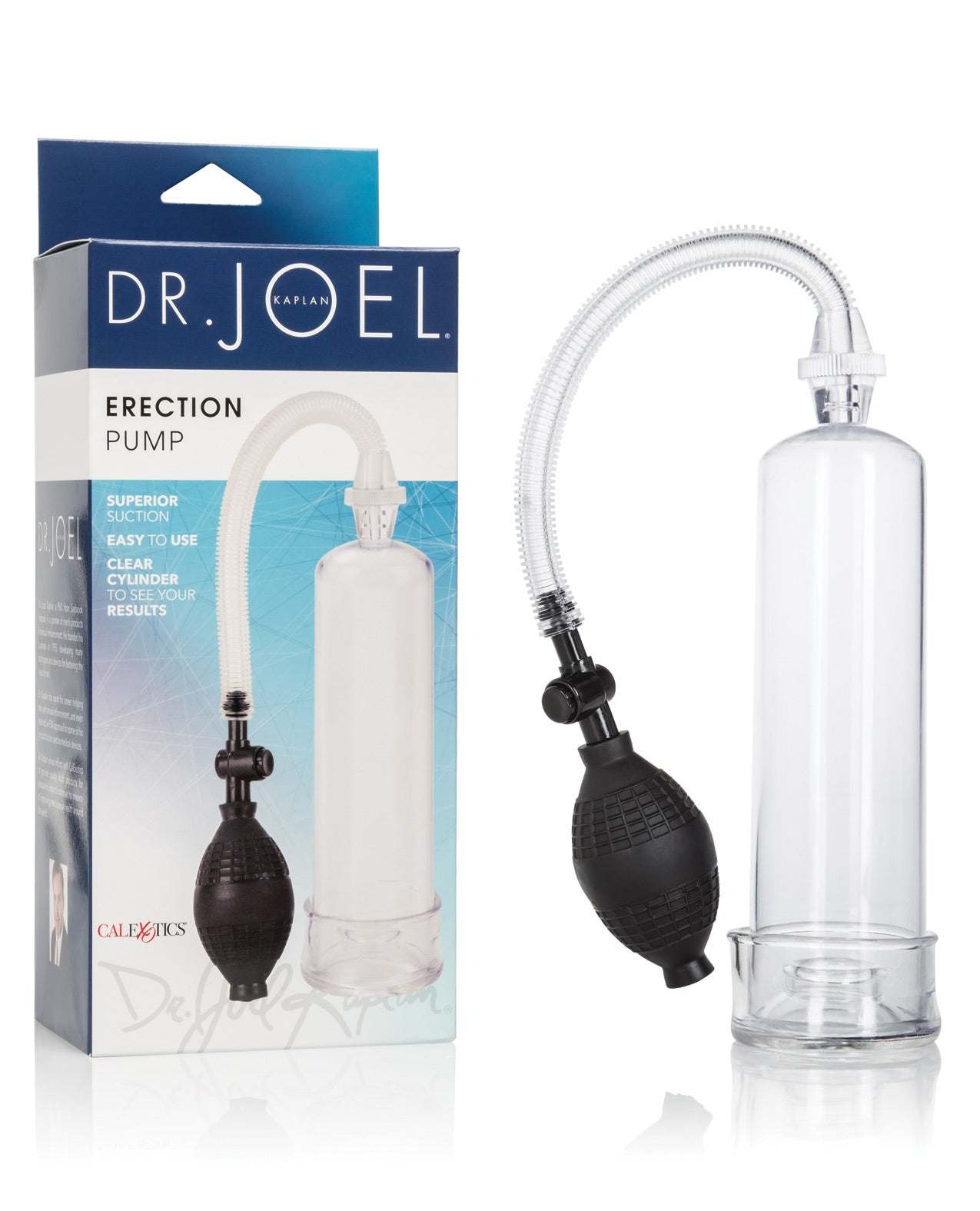 Dr. Joel Kaplan Erection Pump with clear cylinder, flexible hose, and easy-squeeze bulb for enhanced pleasure and performance.