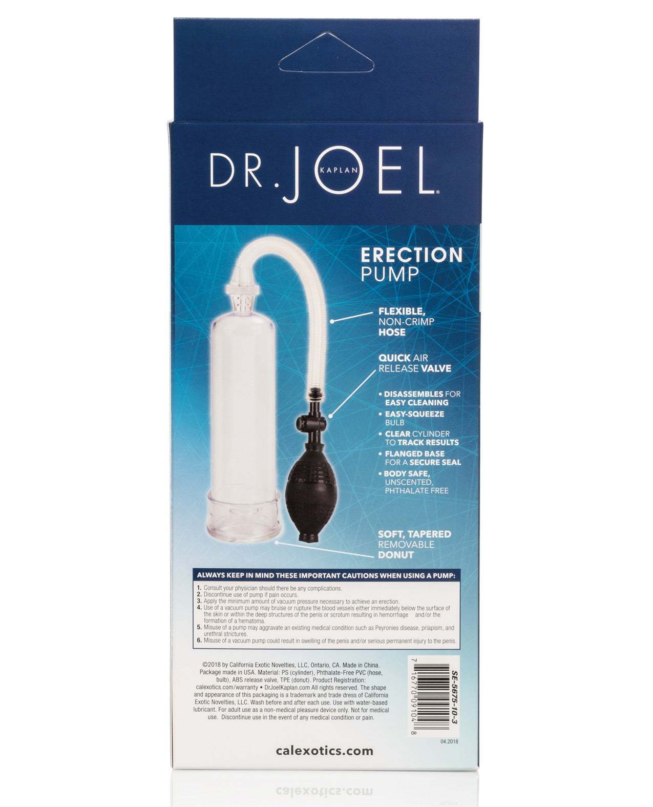 Dr. Joel Kaplan Erection Pump with clear cylinder, flexible hose, quick air release, and soft removable donut for enhanced intimate performance.
