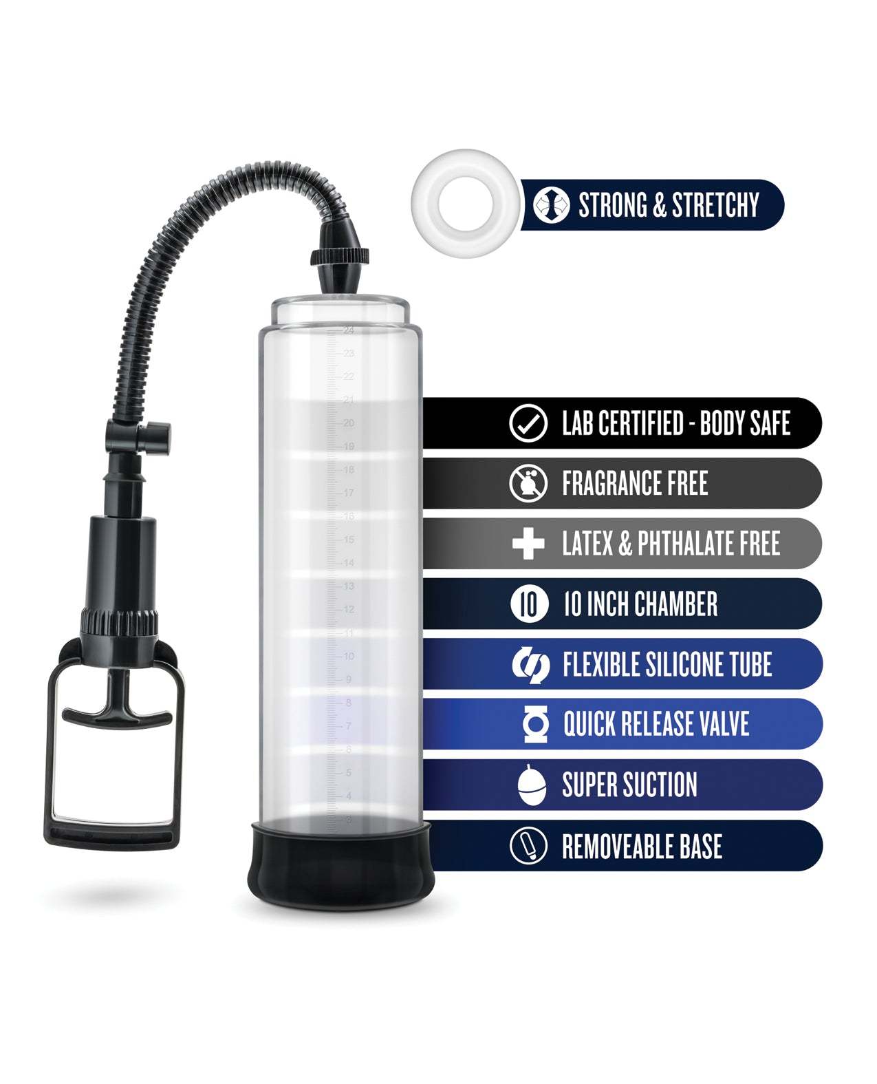 Performance Vx 4 male enhancement pump system with clear 10-inch chamber, flexible silicone tube, quick release valve, and strong suction for erection enhancement and penis enlargement.