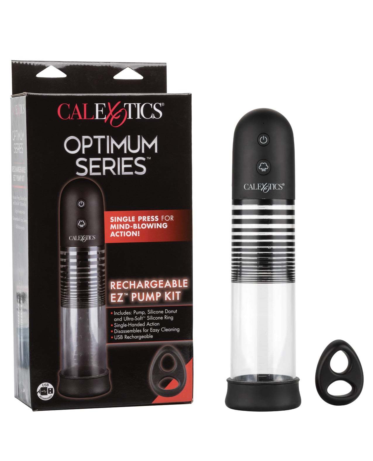 Optimum Series Rechargeable EZ Pump Kit with silicone ring and USB charging, sleek automatic pump for enhancement and stamina
