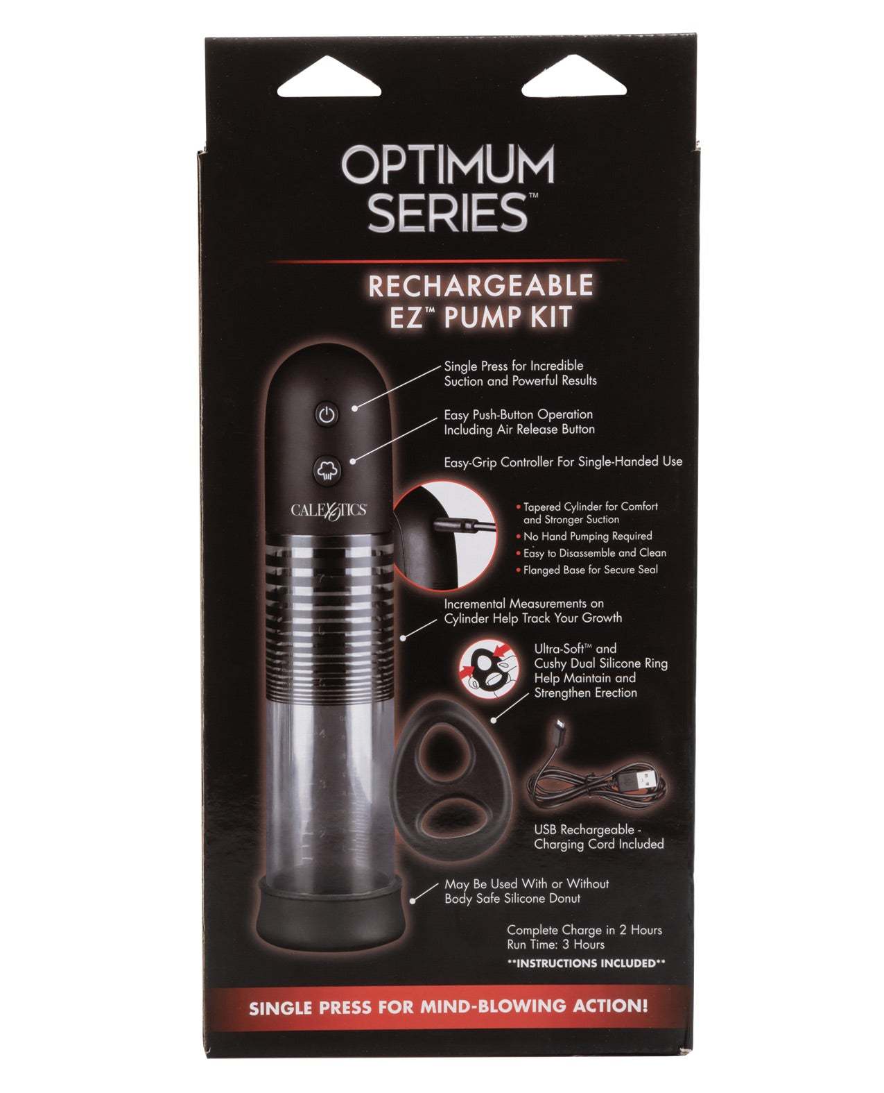 Optimum Series Rechargeable EZ Pump Kit with rechargeable automatic pump, dual silicone ring, quick air release, and USB charging cable in sleek black design