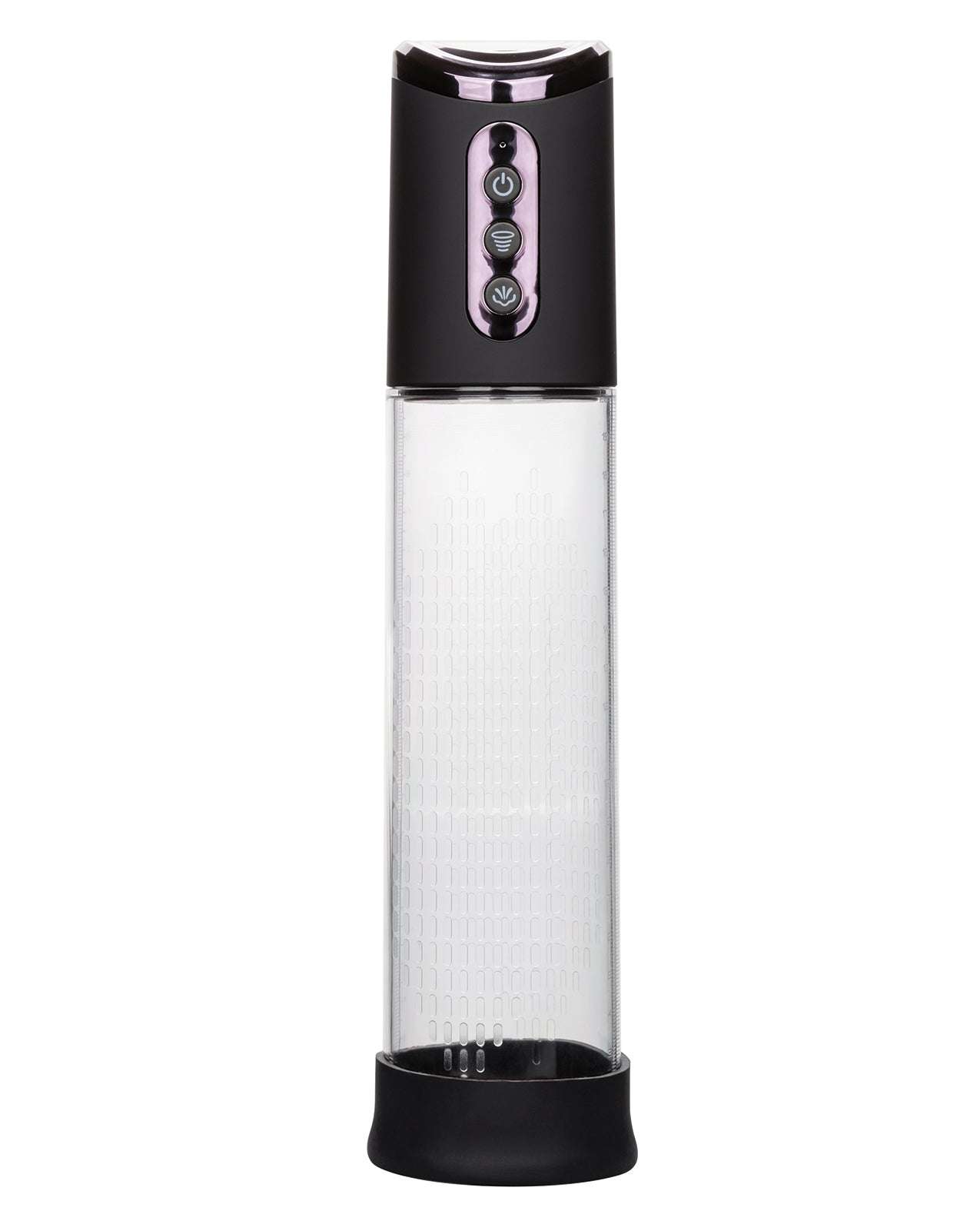 Peak Rechargeable Pump with black power button controls and clear cylinder for suction enhancement