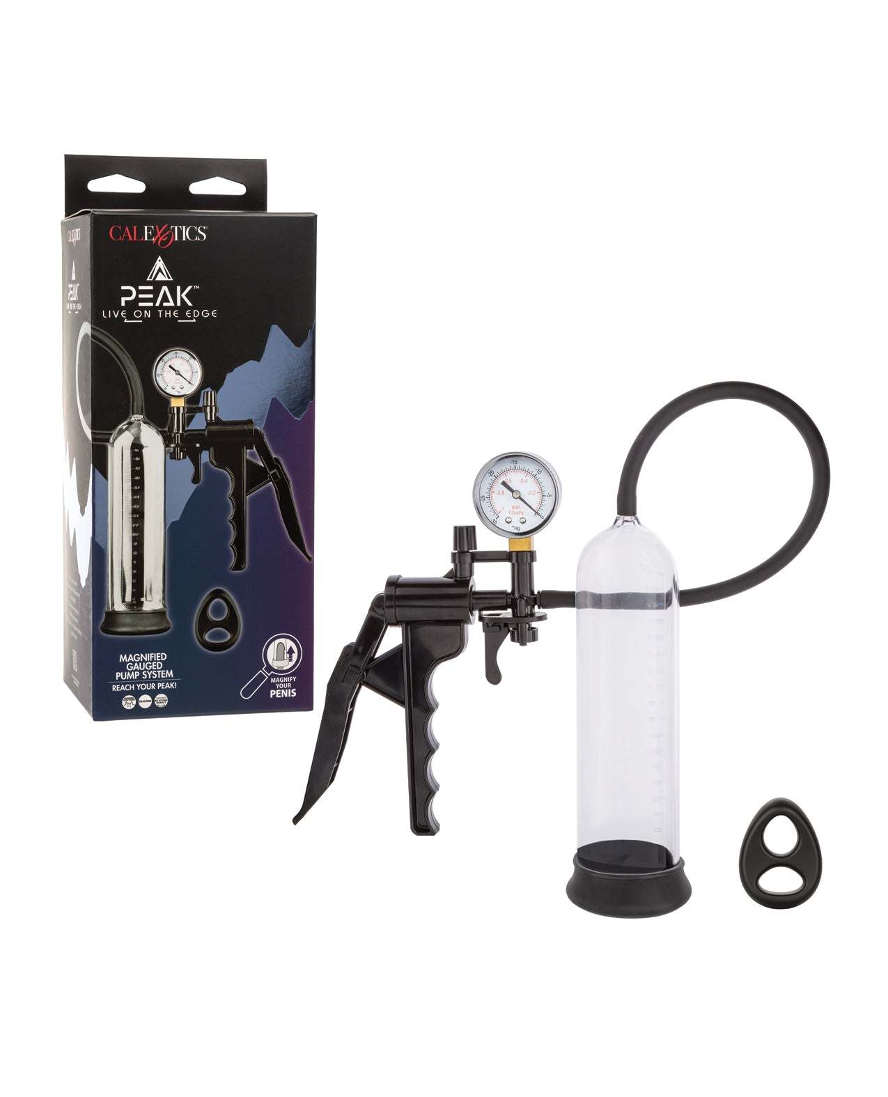 Peak Magnified Gauged Pump System in black with pressurized pump, PSI gauge, clear cylinder, flexible hose, and silicone enhancer ring.