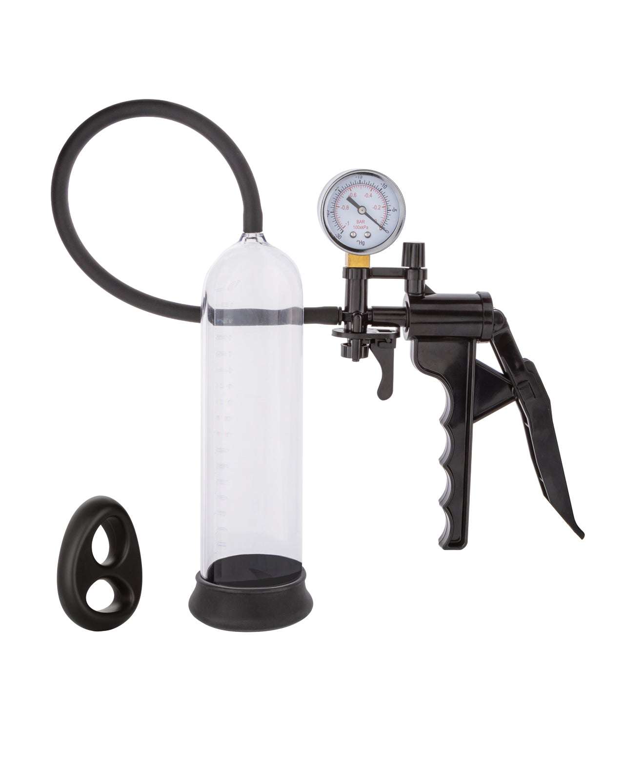 Peak Magnified Gauged Pump System in black with clear cylinder, pressure gauge, flexible hose, and dual enhancer ring for performance enhancement.