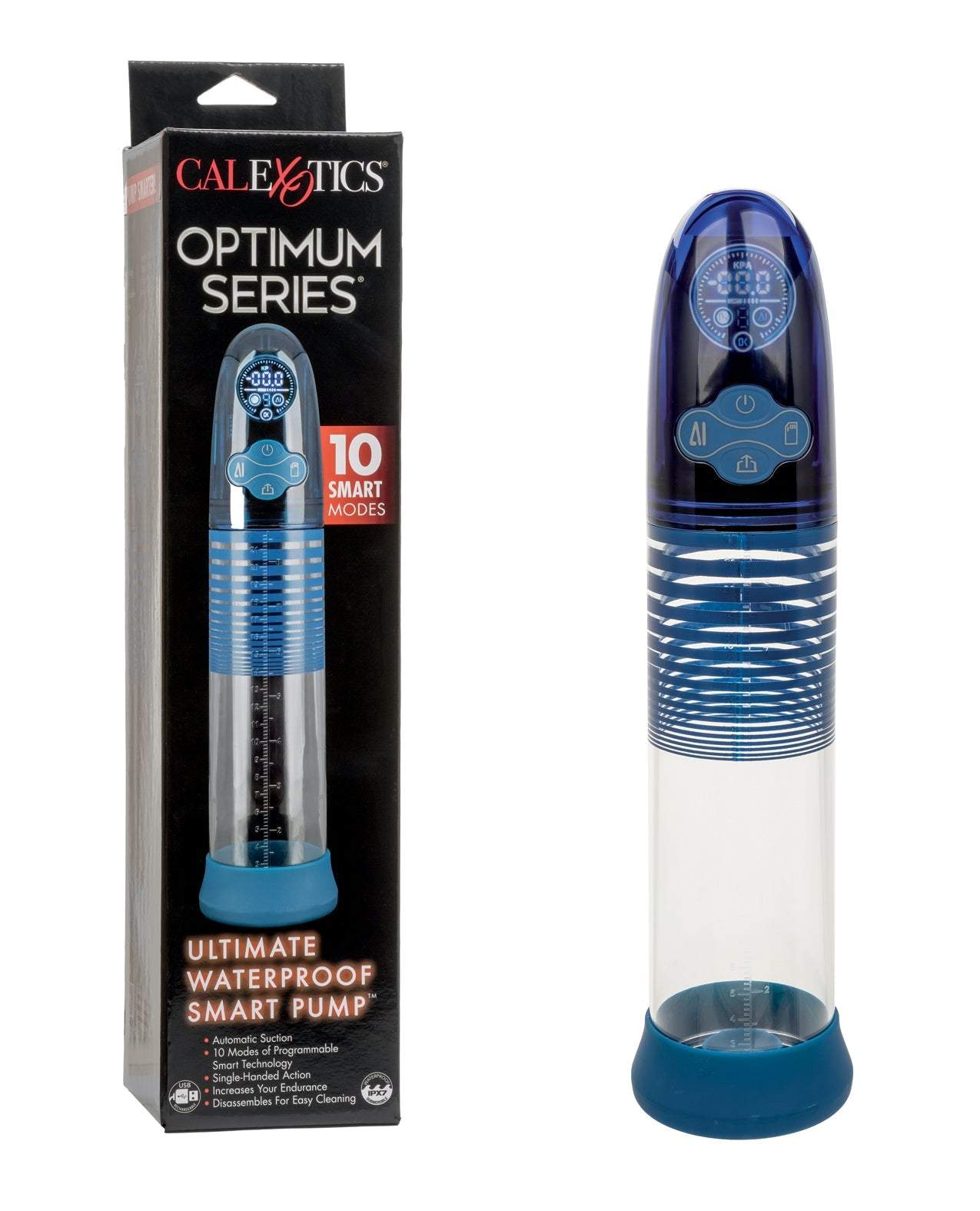 Optimum Series Ultimate Waterproof Smart Pump with digital display, 10 modes, clear cylinder, and blue silicone base.