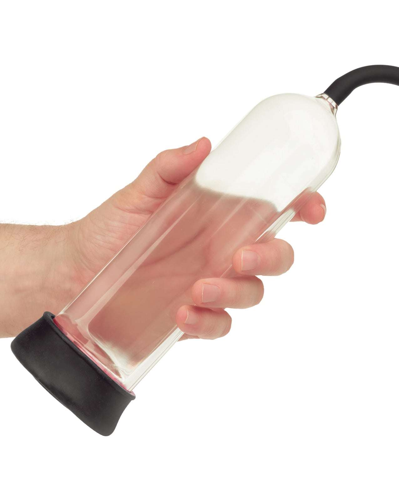 Peak Magnified Gauged Pump System black with clear cylinder and pressure gauge held in hand