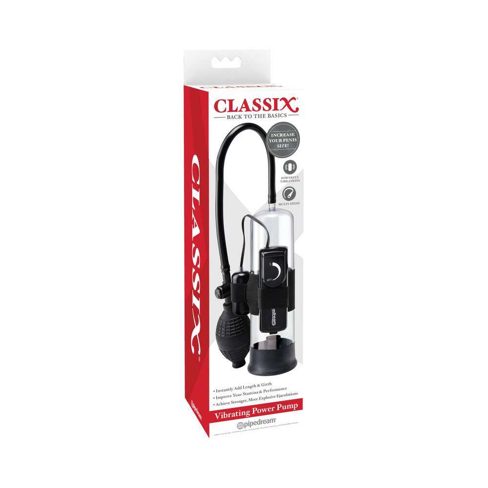 Classix Vibrating Power Pump clear and black with manual pump and vibrating feature for size enhancement and pleasure.