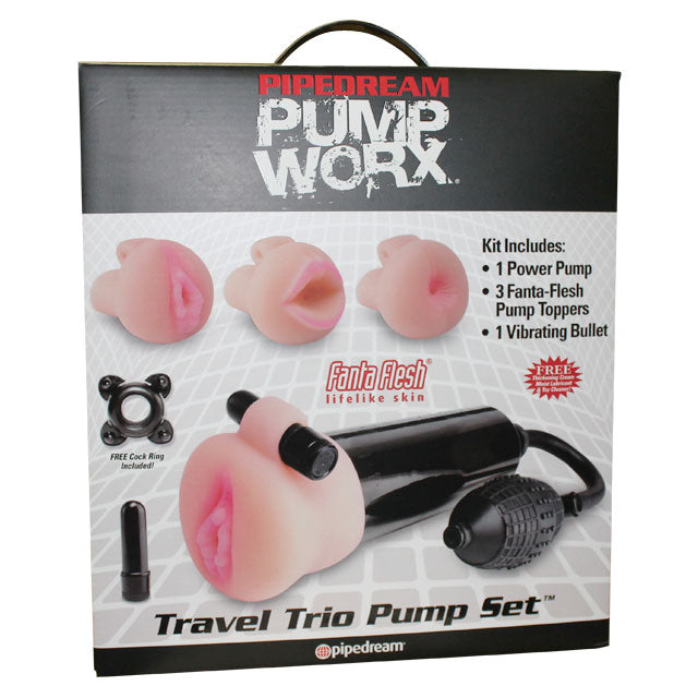 Pump Worx 5-Piece Travel Trio Pump Set Beige/Black by Masturbators and Strokers