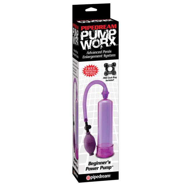 Pump Worx Beginner's Power Pump purple penis enlargement pump with suction bulb and clear vacuum tube in packaging