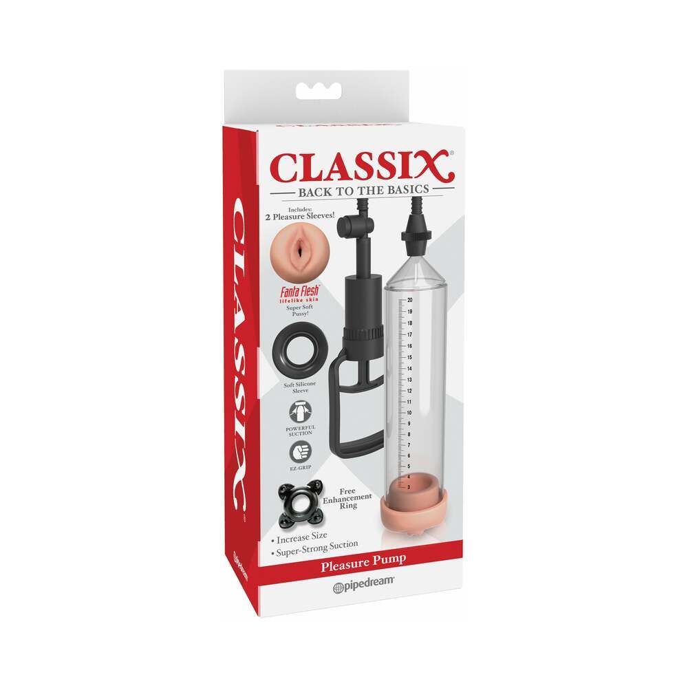 Classix Pleasure Pump with interchangeable sleeves in clear, beige, and black for size enhancement and stimulation