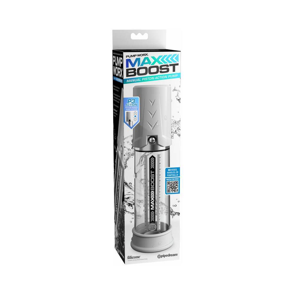 Pump Worx Max Boost White manual piston-action penis pump for erectile dysfunction relief and performance enhancement
