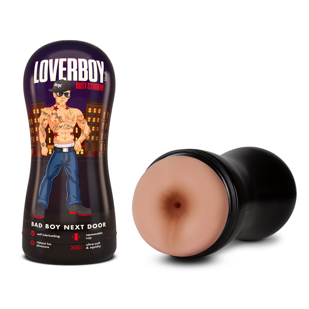 Loverboy Bad Boy Next Door self-lubricating anal stroker in beige with squeezable cup and textured interior for men