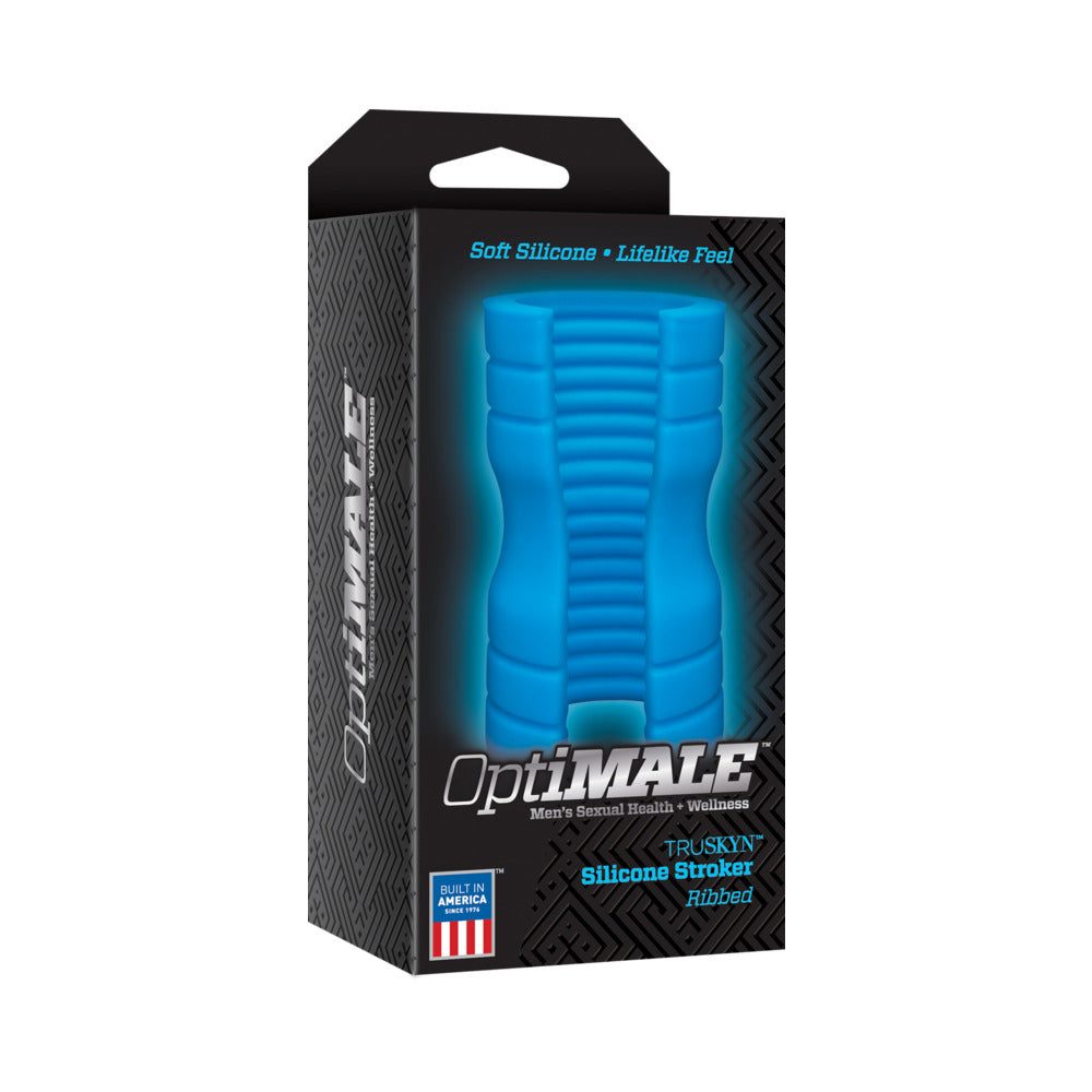 OptiMALE TRUSKYN Silicone ribbed stroker in blue with textured interior and lifelike soft silicone design in black packaging