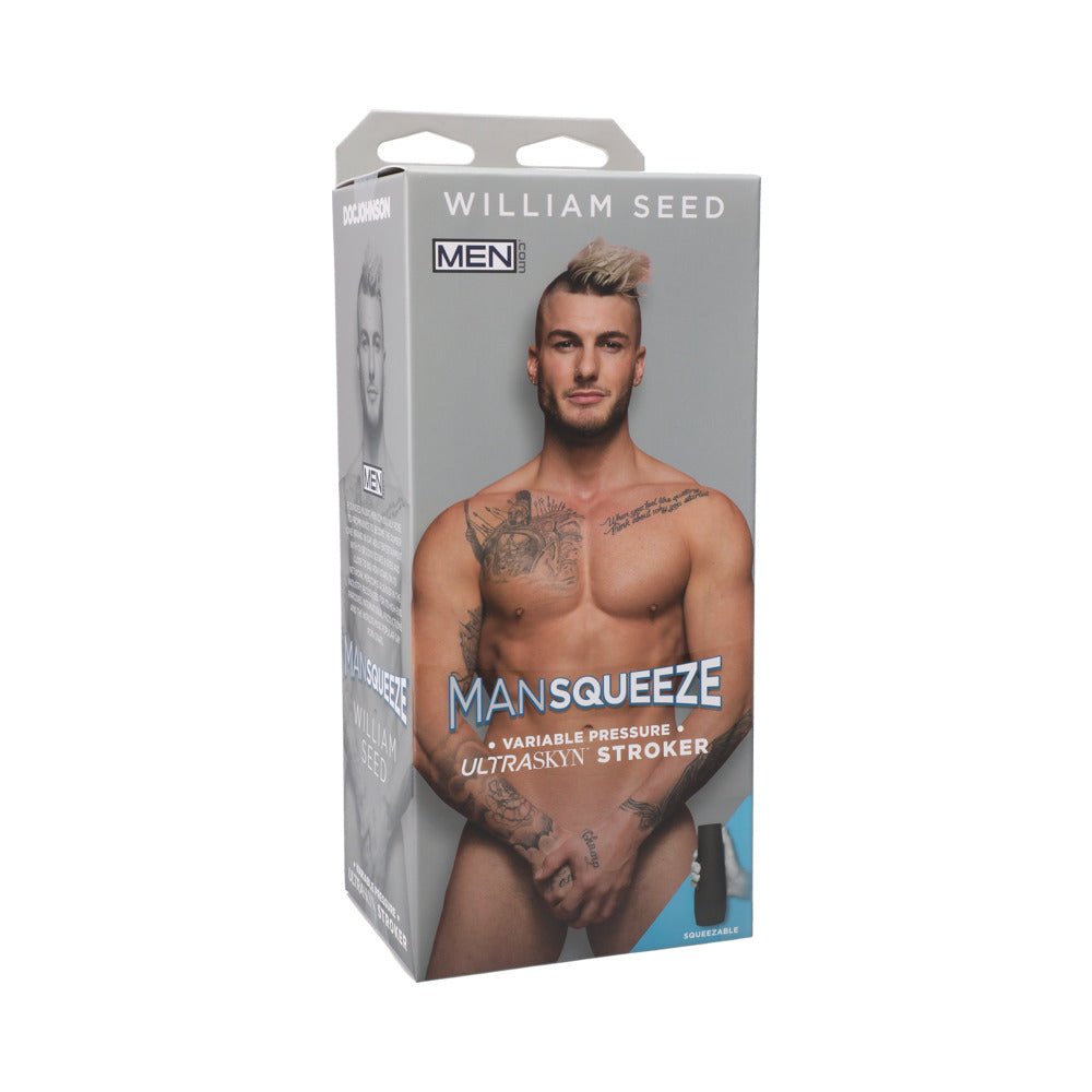 William Seed Man Squeeze ULTRASKYN Stroker with variable pressure and lifelike texture in hard outer case packaging