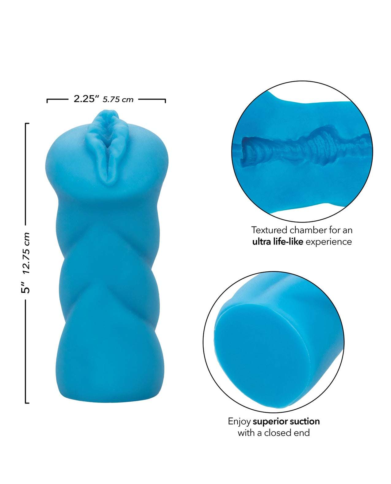 Blue Anime Stroker Bunny with textured chamber and closed end for ultimate suction and lifelike sensation, measuring 5 inches by 2.25 inches
