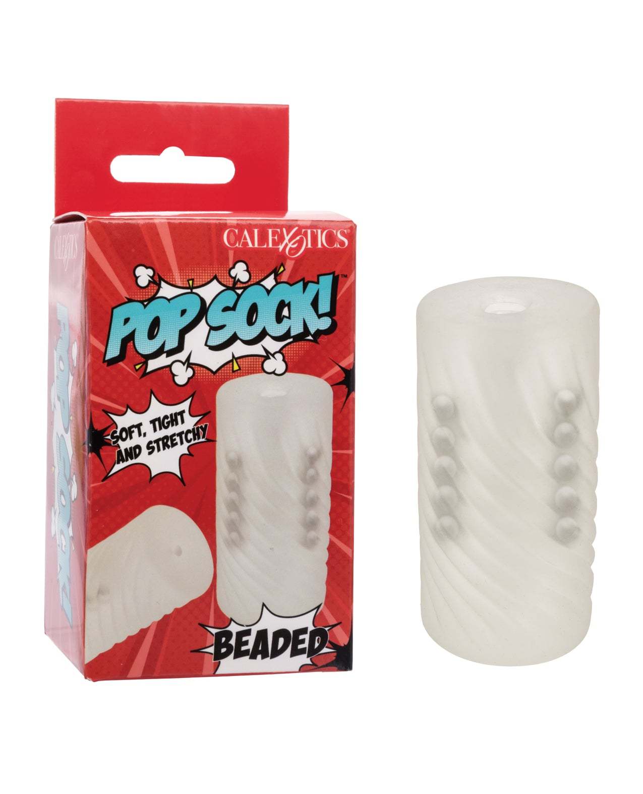 Clear Pop Sock! Beaded textured stretchy stroker with pleasure beads and open-ended design alongside red packaging box