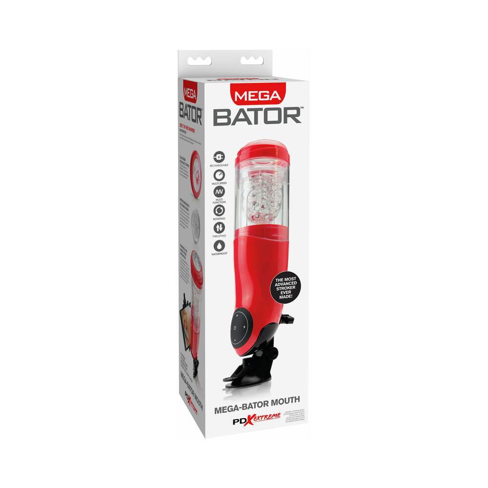 PDX Mega-Bator Mouth Rechargeable Rotating Thrusting Stroker With Hands-Free Suction Cup Clear/Red by Masturbators and Strokers