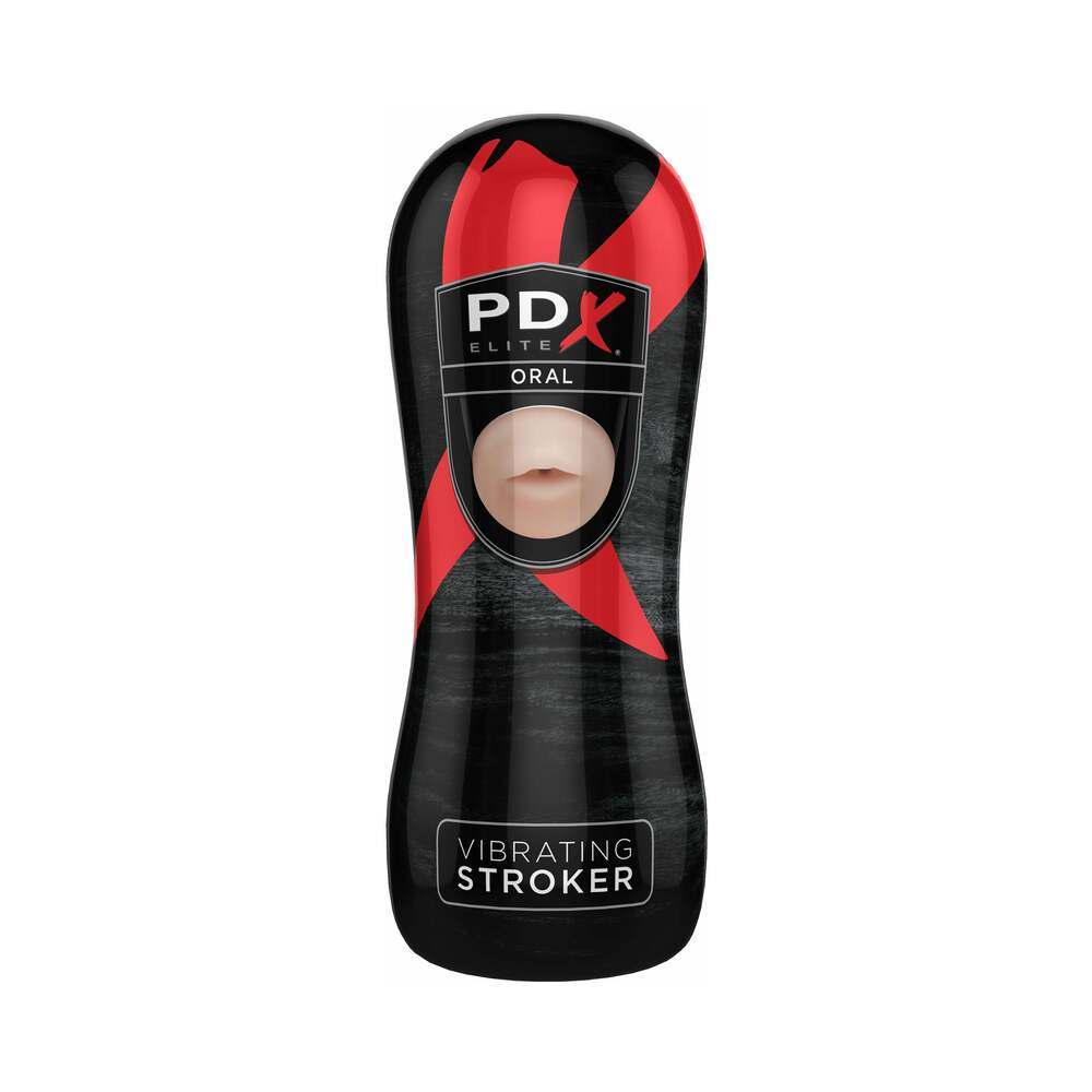 PDX Elite Vibrating Stroker oral beige and black with vibrating bullet and 5-inch insertion length
