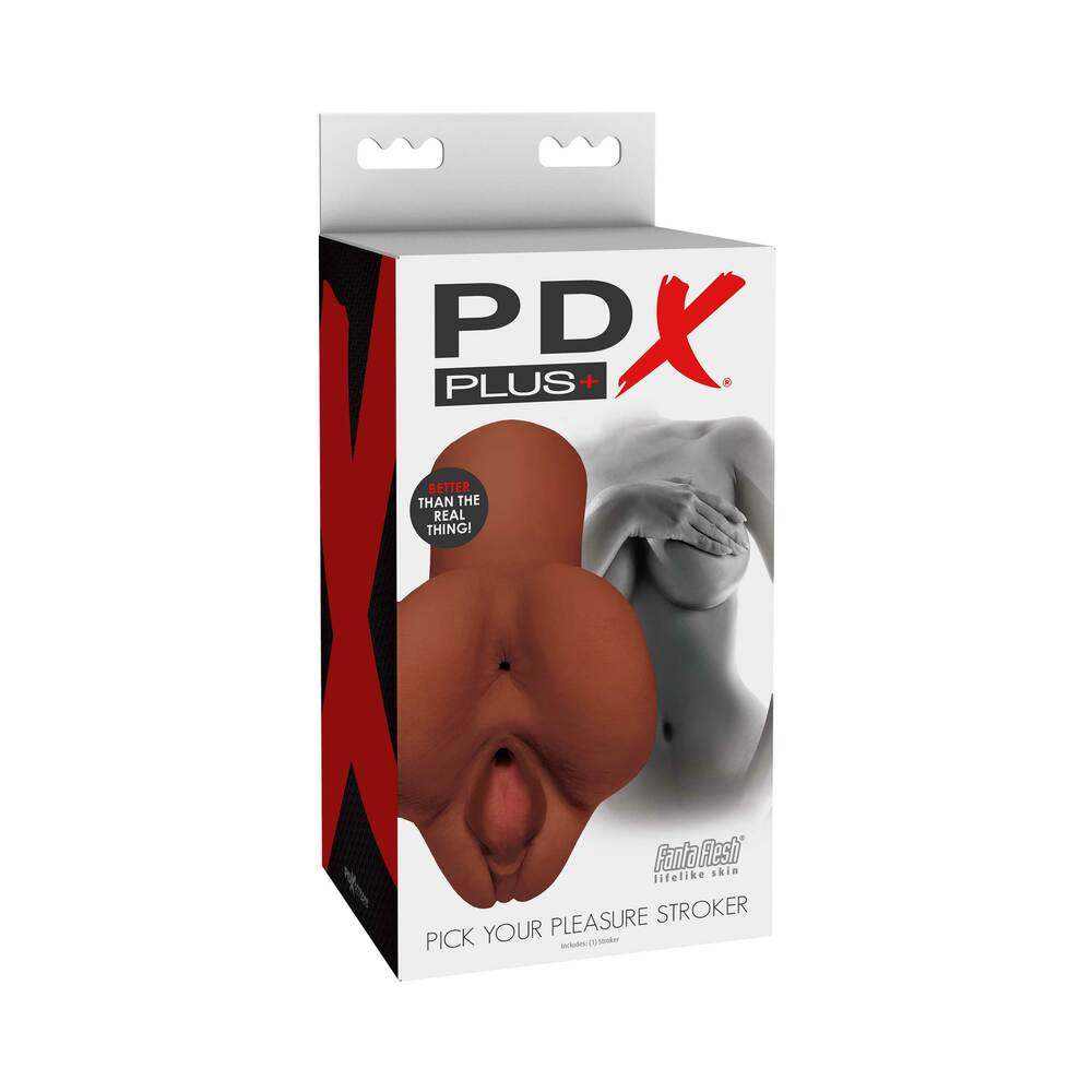 PDX Plus Pick Your Pleasure Stroker dual entry masturbator in brown with lifelike skin texture and detailed design