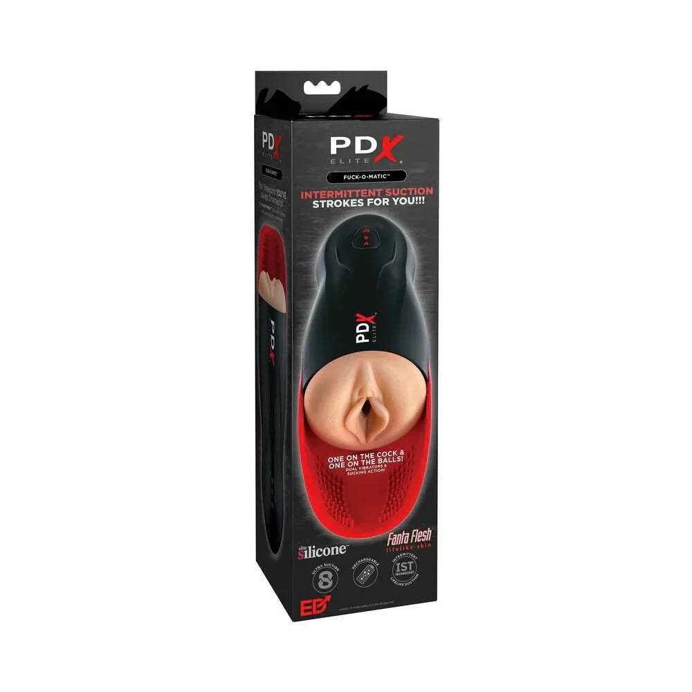 PDX Elite Fuck-O-Matic rechargeable vibrating suction stroker with ball cradle and Fanta Flesh vagina in black and red packaging