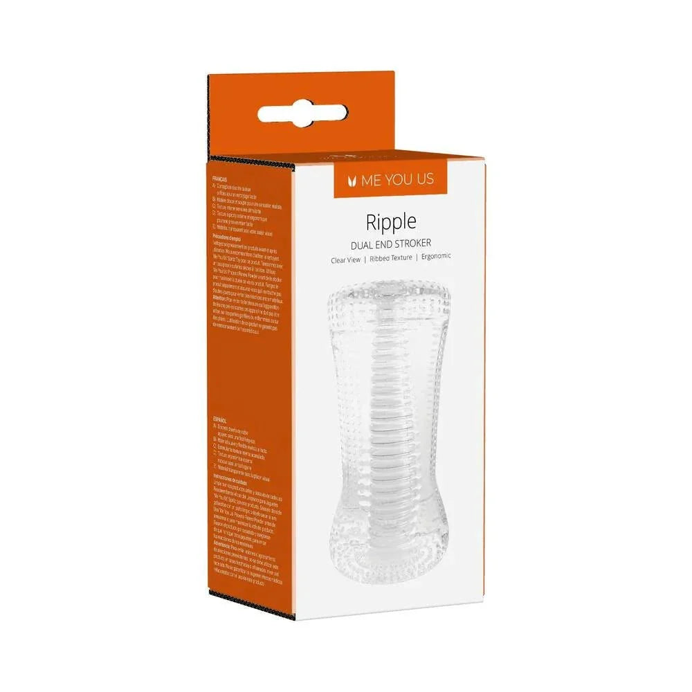 Ripple Dual End Stroker male masturbator with clear, ribbed texture and ergonomic design for enhanced solo pleasure and waterproof use.