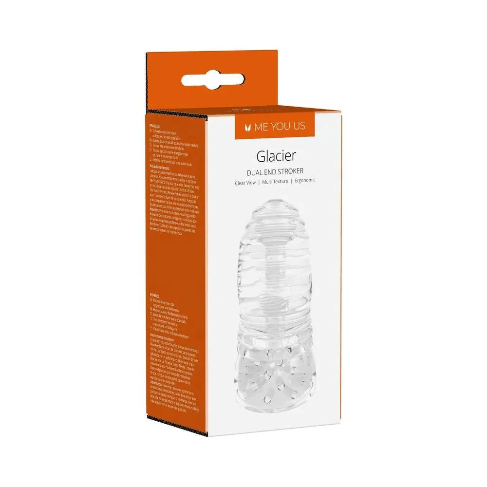 Me You Us Glacier clear dual end stroker with ribbed and nubby textures, ergonomic grip, waterproof and phthalate-free pleasure toy