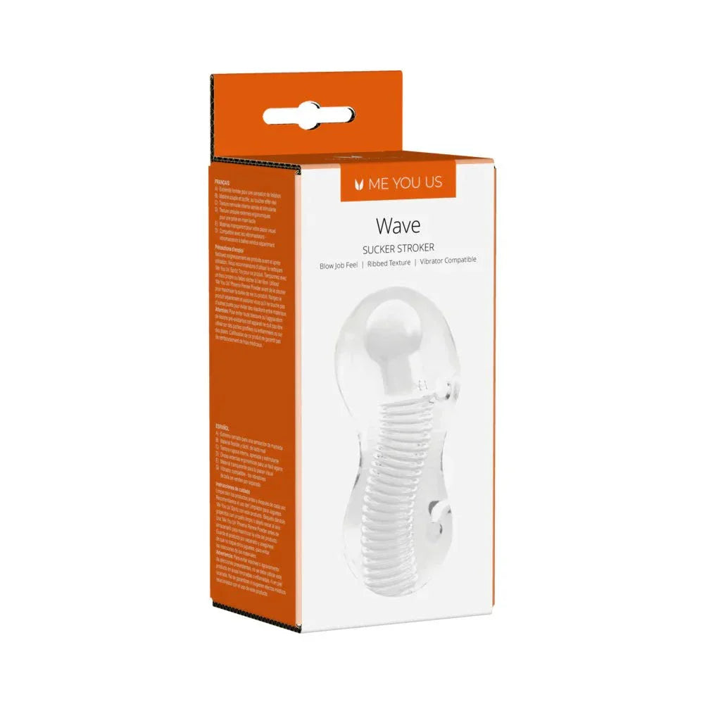 Me You Us Wave Sucker Stroker male masturbator with ribbed texture and transparent design in packaging